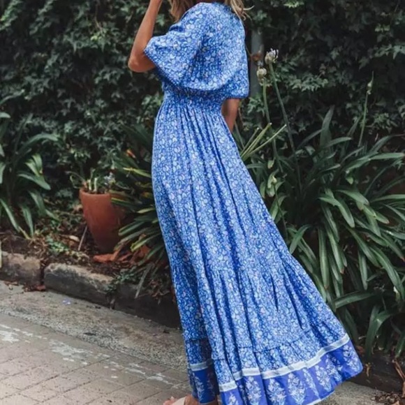 Blue Bohemian Gypsy Floral Short Sleeve V-Neck Long Casual Maxi Dress - Picture 5 of 6